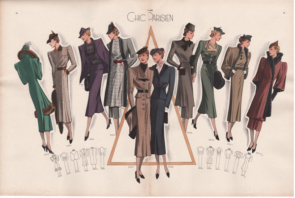 5 VINTAGE FRENCH FASHION PRINTS 1936